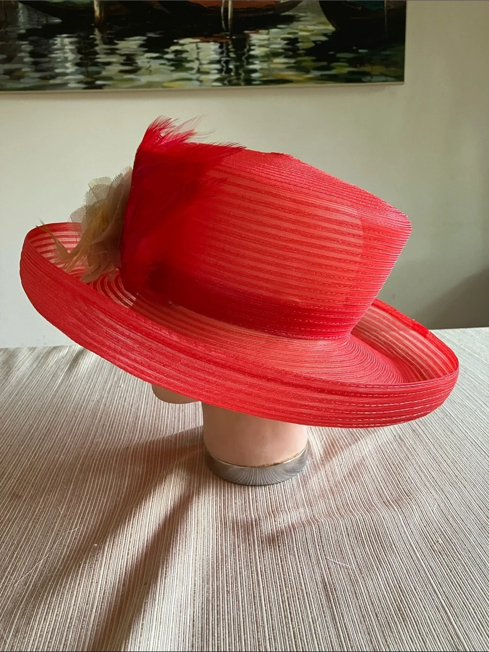 Elegant Women's Wide-Brim Hat with Feather and Flower Accent